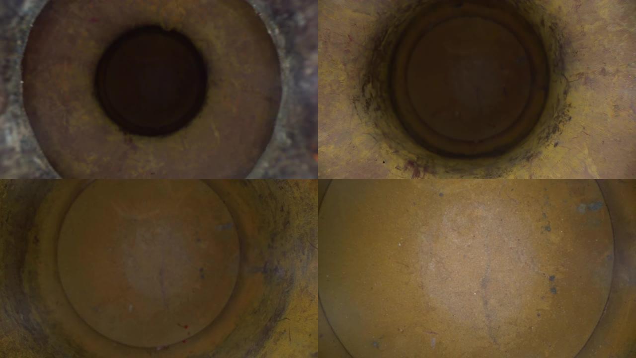 金属管内部，金属纹理管。多莉拍摄的镜头在管道中移动。透视图