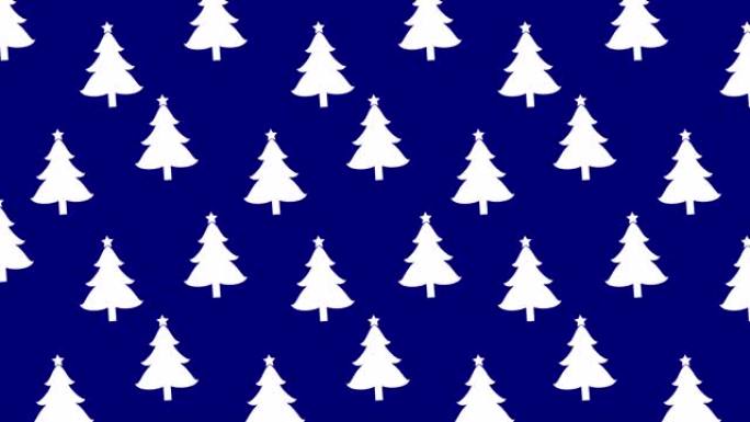 白色圣诞树图案。平面风格，蓝色背景动画。