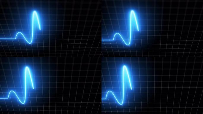 蓝色心跳监视器EKG线监视器，带有移动摄像机处理心跳显示。黑底白格心律心电图医学屏幕图。4k镜头视频