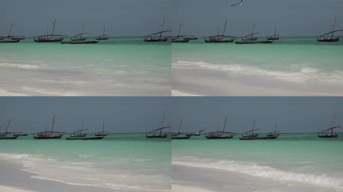 坦桑尼亚桑给巴尔岛海岸附近的印度洋渔船。