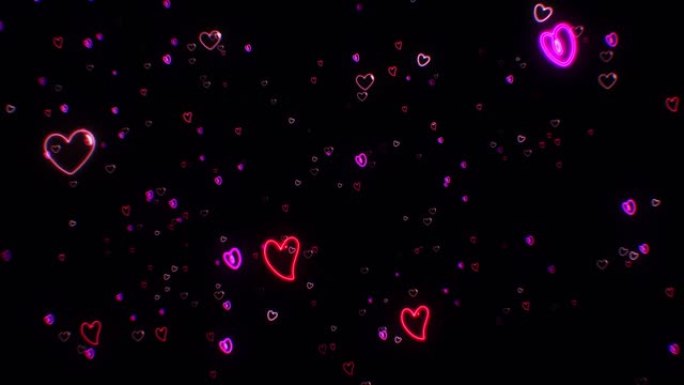 黑色背景上的粉色霓虹灯发光的心。飞行旋转心脏覆盖。情人节。循环3d动画。4K，爱情的象征
