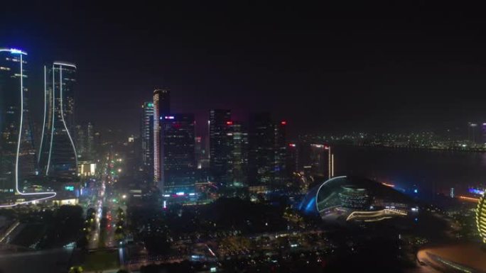 夜间照明杭州市著名市中心现代主广场空中全景4k中国