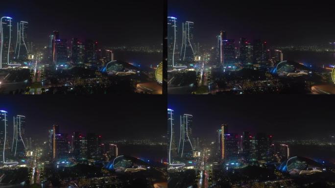 夜间照明杭州市著名市中心现代主广场空中全景4k中国