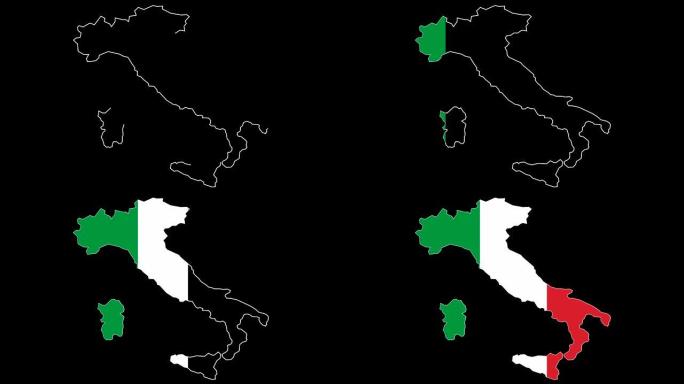 意大利领土。意大利国旗。区域轮廓图。黑色背景。4k视频