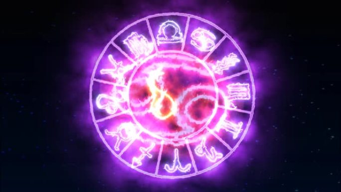 生肖圈旋转生长并显示所有12个生肖和名称以及紫色火花效果背景