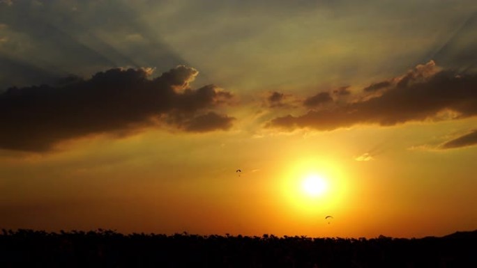 滑翔伞在日落时分在向日葵田上飞天
