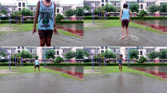 小学时代可爱的小孩在雨季玩泥水