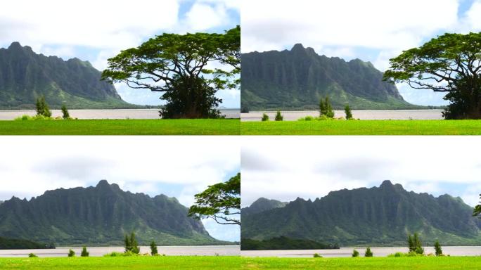 在夏威夷向风欧胡岛的Kaneohe湾对面观看的Koolau山脉