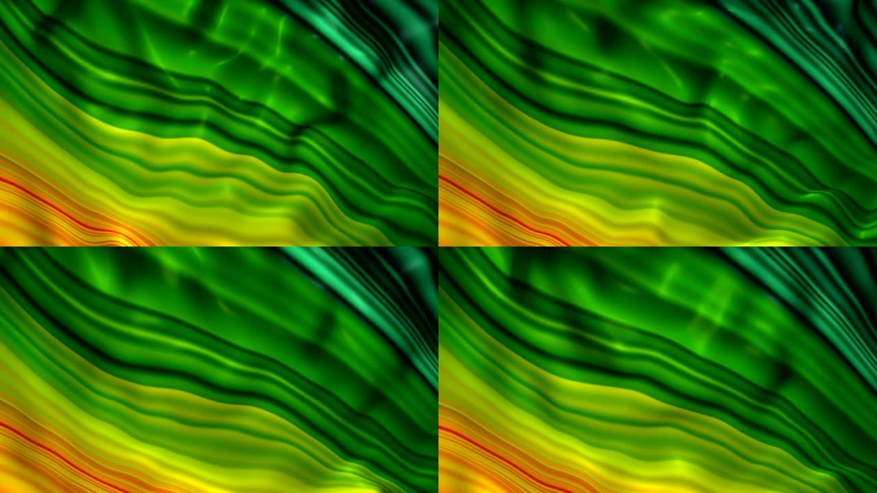 动画抽象绿色和金色液体波浪背景。彩色金属纹理全息箔，波浪壁纸，流体波纹，液体金属表面，深奥的光环光谱