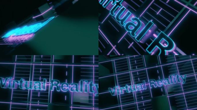 霓虹灯虚拟城市景观中虚拟现实标题的3d动画