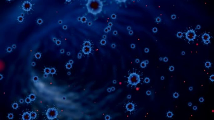 3D渲染动画，蓝色冠状病毒细胞新型冠状病毒肺炎流感在抽象的蓝色背景上流动，红细胞作为危险的流感毒株病