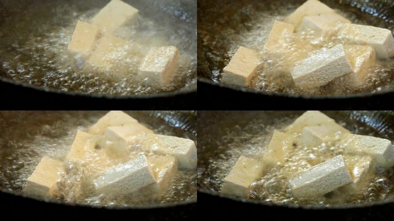 平底锅煎豆腐视频素材热量调味料健康平底锅