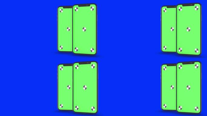 蓝色背景上的两部智能手机。易于定制的绿色屏幕。计算机生成的图像。