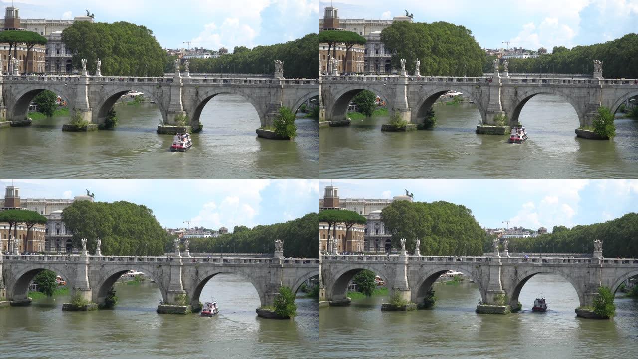 在圣安吉洛桥附近的台伯河上与游客乘船。意大利罗马，4K。