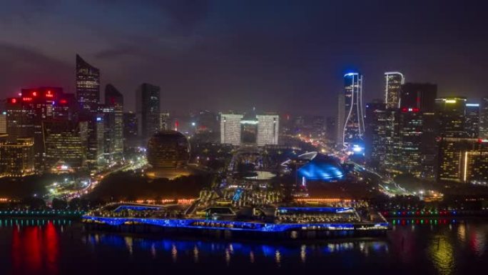 日落天空夜光杭州市市区滨河湾空中延时全景4k中国