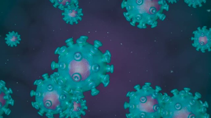 冠状病毒细胞。引起呼吸道感染的病毒的动画组。3D渲染循环4k