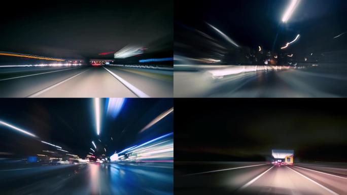 夜间在德国高速公路上行驶，延时视频