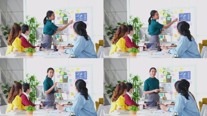 亚洲女性领导者在商务会议团队展示商业计划，亚洲女性项目经理在创意现代办公室展示手机应用开发并与团队进