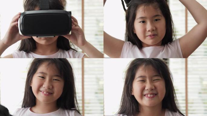 兴奋女孩的肖像正在使用VR眼镜设备，以相机和微笑。技术概念。4k分辨率。