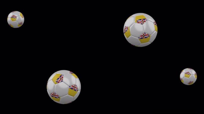 纽埃旗上的足球在透明背景下飞行，alpha频道