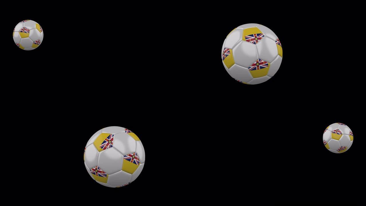 纽埃旗上的足球在透明背景下飞行，alpha频道