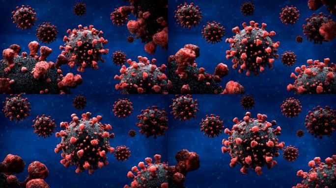 蓝色背景的分散电晕病毒，新型冠状病毒肺炎3d渲染