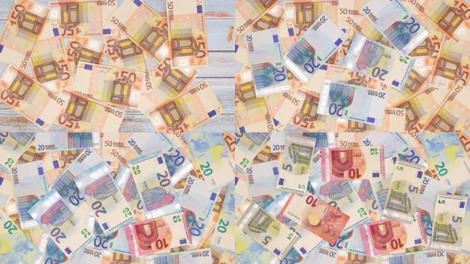 五十，二十，十和五欧元的钞票充满了背景-停止运动