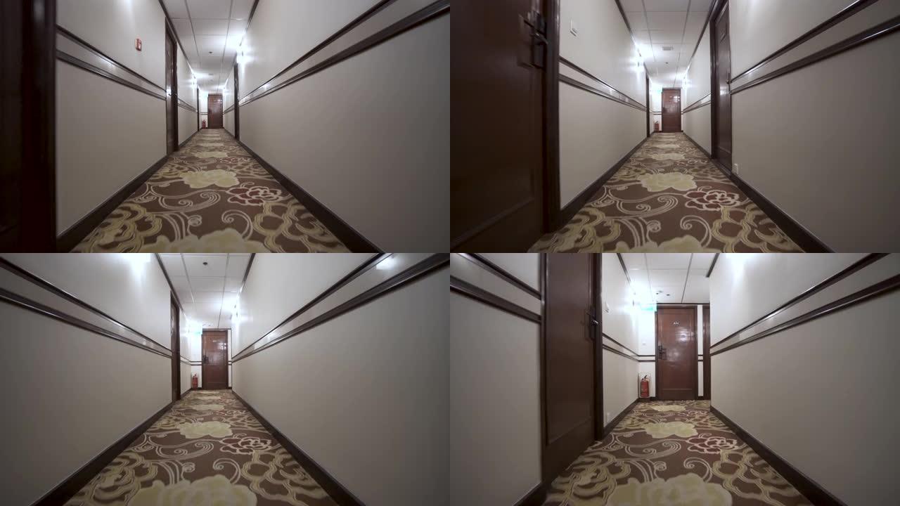酒店第一人称视角的空走廊。