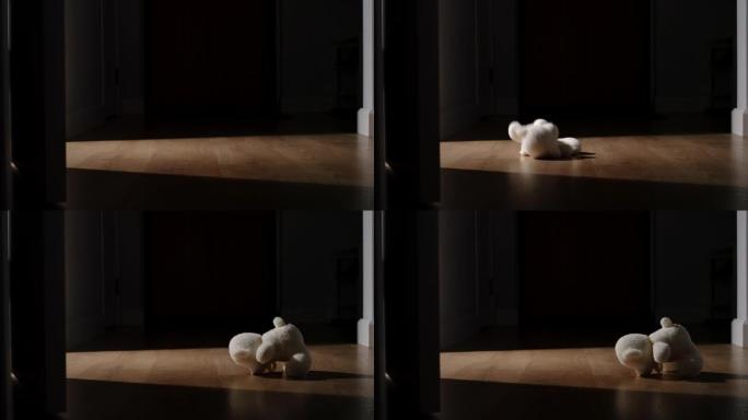 白色毛绒熊玩具在黑暗的房间里扔在地板上