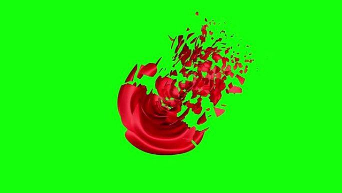绿色屏幕上的破碎红玫瑰，3D渲染