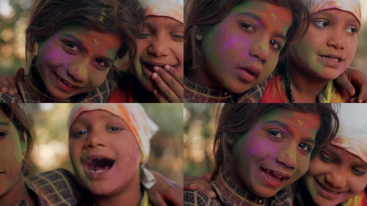 在印度拉贾斯坦邦，孩子们庆祝印度教的胡里节