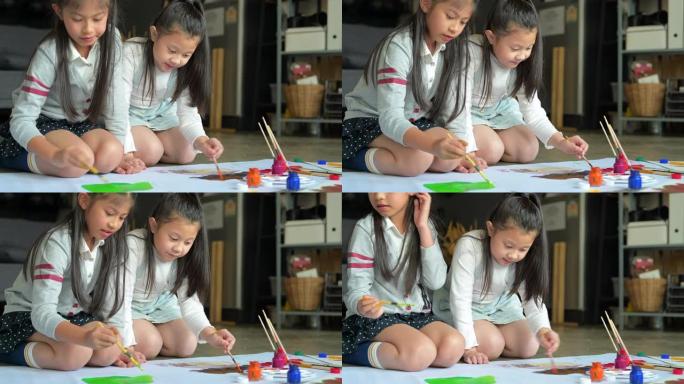 幼儿园亚洲儿童和朋友在美术课学校绘画组