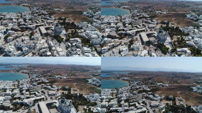 从天空看希腊基克拉泽斯的帕罗斯岛上的纳乌萨市