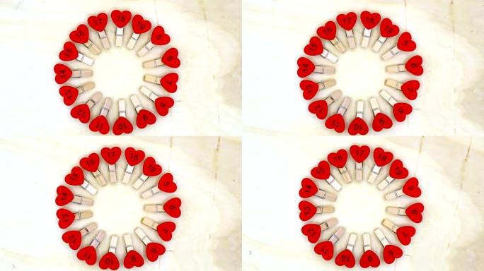 情人节的爱，激情和关怀，红色数字的形状的心脏旋转在木制背景上。2月14日庆祝，神奇的一天，浪漫的气氛