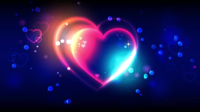 情人节动画背景。情人节快乐动画贺卡。深色bokeh背景上明亮的多色心形。蓝色和金色的光芒。4k视频