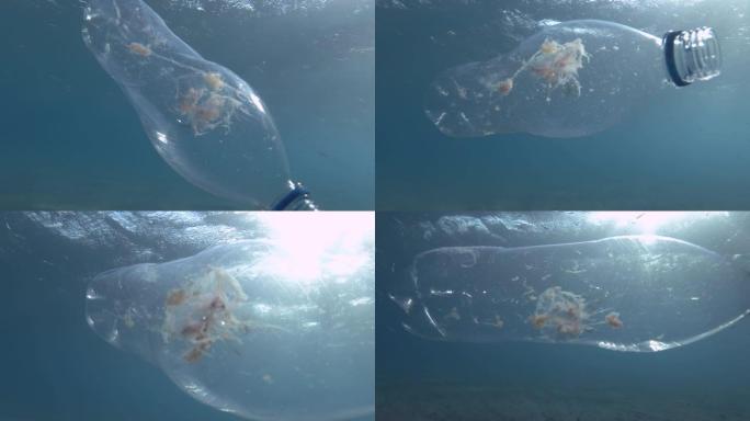塑料污染，水母被困在塑料瓶中死亡。废弃的透明塑料瓶漂浮着死去的水母，在蓝色的水面下。地中海，欧洲。