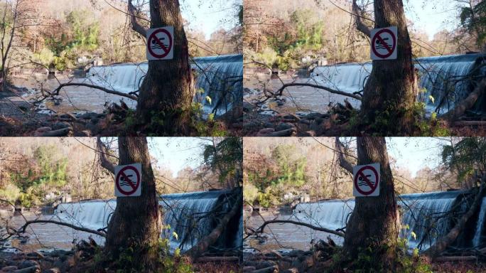 森林中的小水坝附近没有游泳标志