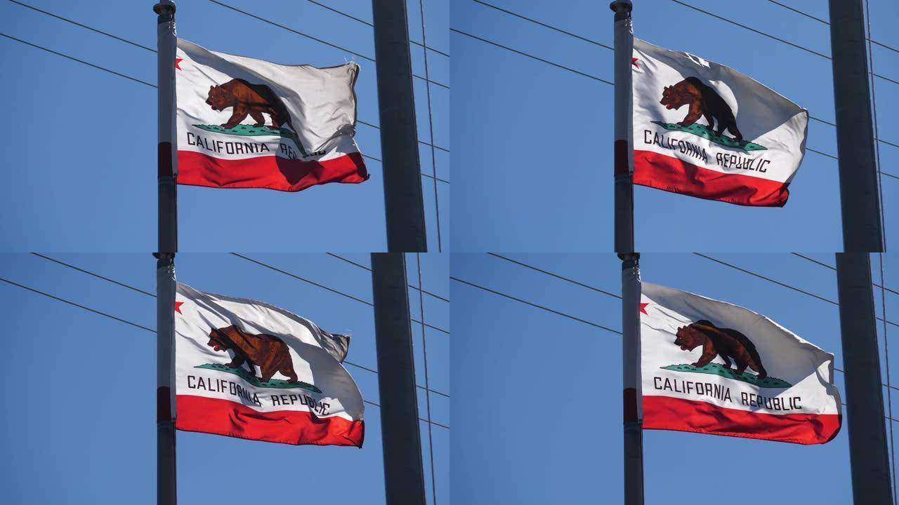 风中的加州国旗旗帜旗杆电线
