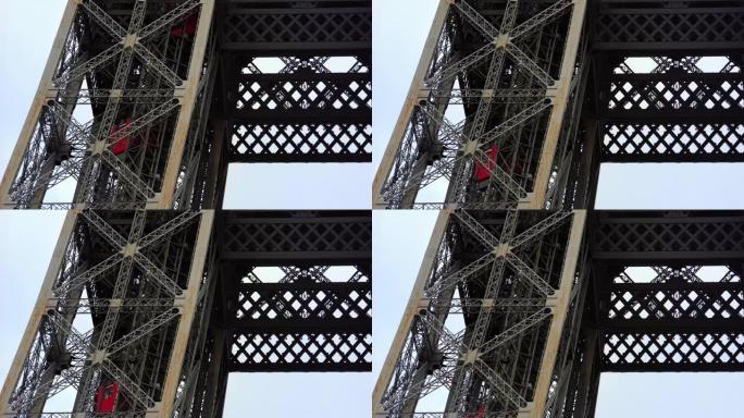 巴黎埃菲尔铁塔的电梯。受欢迎的欧洲旅游城市和蜜月目的地。法国著名地标。
