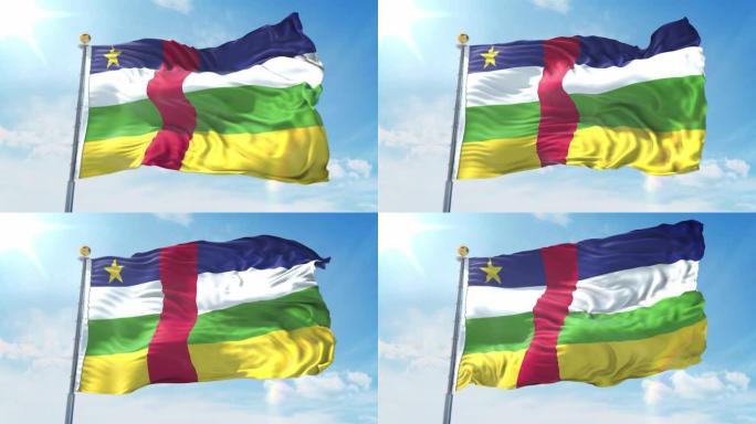 湛蓝的天空中飘扬的中非共和国国旗。国家主题，国际理念。3D渲染无缝循环4K