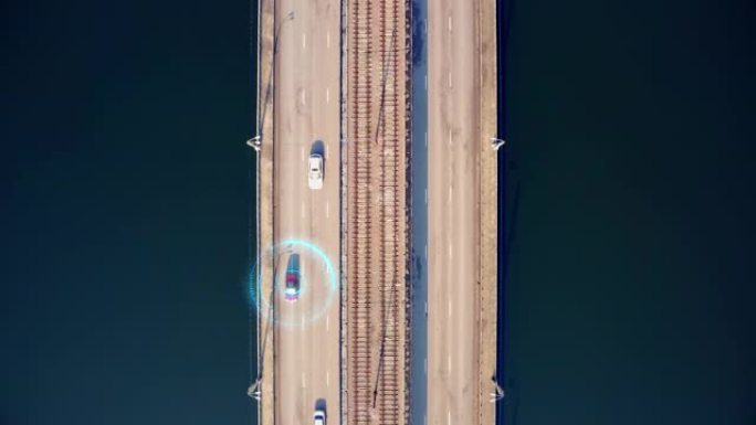 城市桥上的自动驾驶汽车，空中俯视图。无人驾驶汽车和具有传感器无线通信的人工智能系统。未来交通技术概念