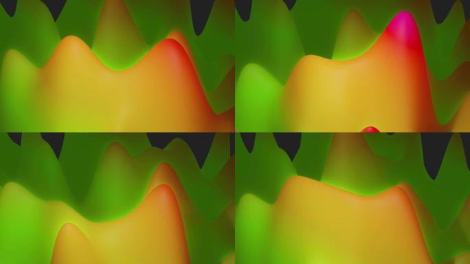 抽象液体黄绿色梯度，内部辉光表面像景观。4k无缝循环动画。美丽的颜色梯度作为抽象的液体波浪状背景。2