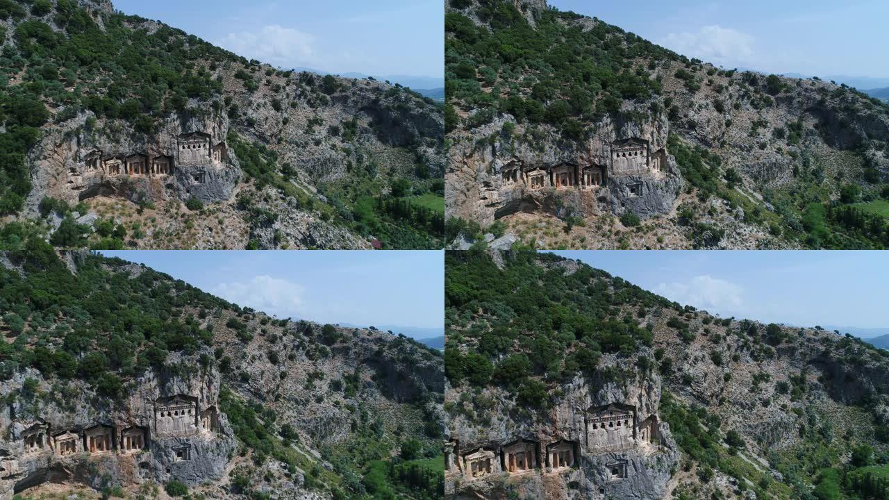 土耳其达利扬古利西亚六座岩石切割墓的航拍画面。