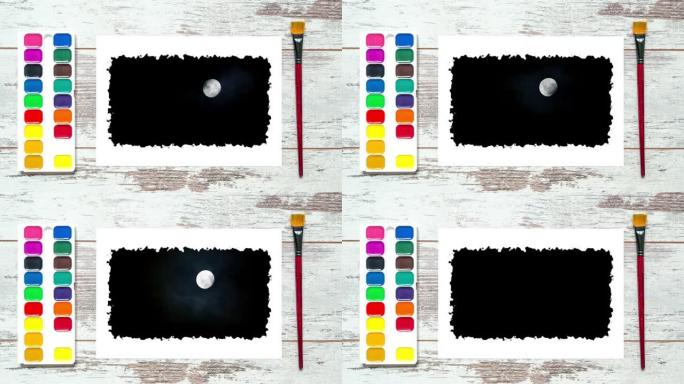 创意延时视频4k的老式桌子用刷子，一组五颜六色的油漆，一张纸，这张纸是满月，夜空中有快速移动的云。3