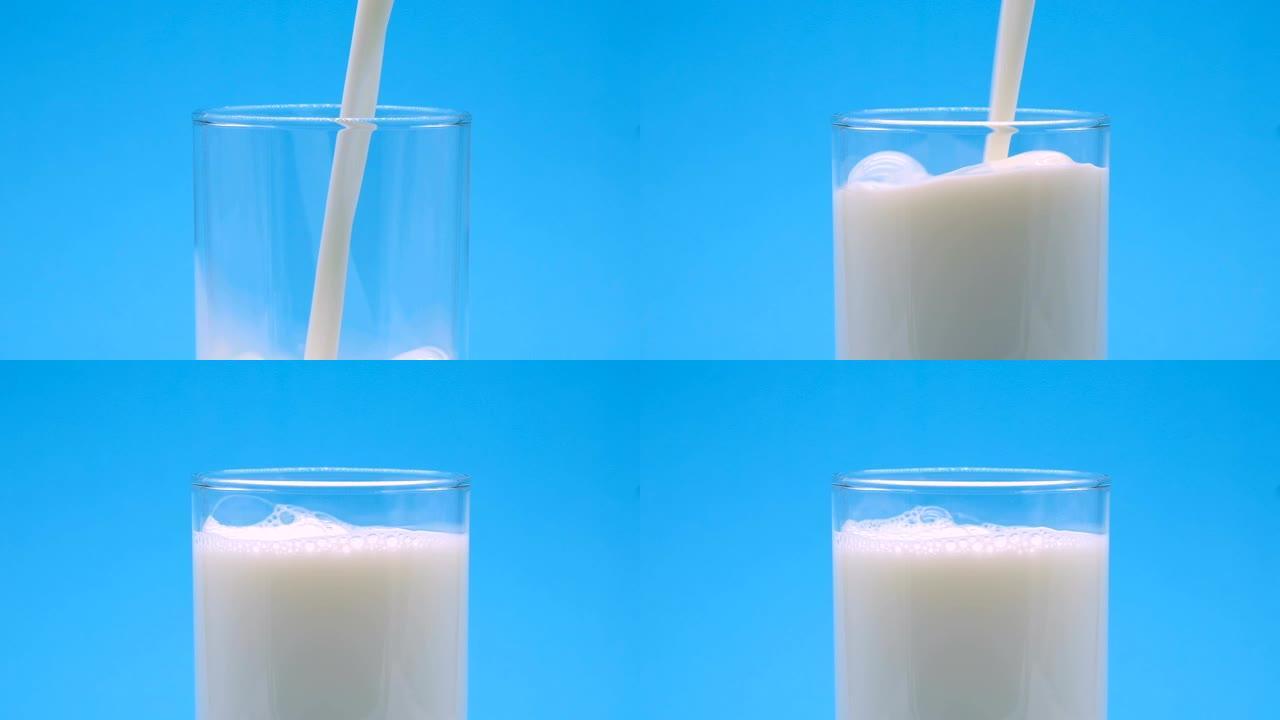 牛奶蓝幕背景倒入纯牛奶羊奶