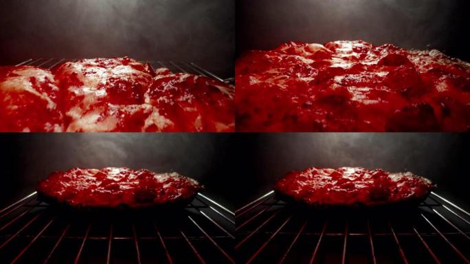 微距特写美味热气腾腾的深盘意大利辣香肠比萨饼新鲜出炉在加热灯下的冷却架上使用多莉相机在昏暗的灯光下拉
