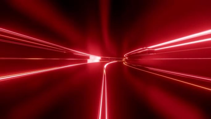 4k环形抽象高科技隧道带霓虹灯，相机飞过隧道，霓虹灯闪烁。赛博朋克或高科技未来风格的科幻红橙色背景。