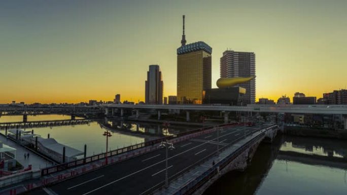 日本东京的Azuma桥和东京晴空塔的日出延时