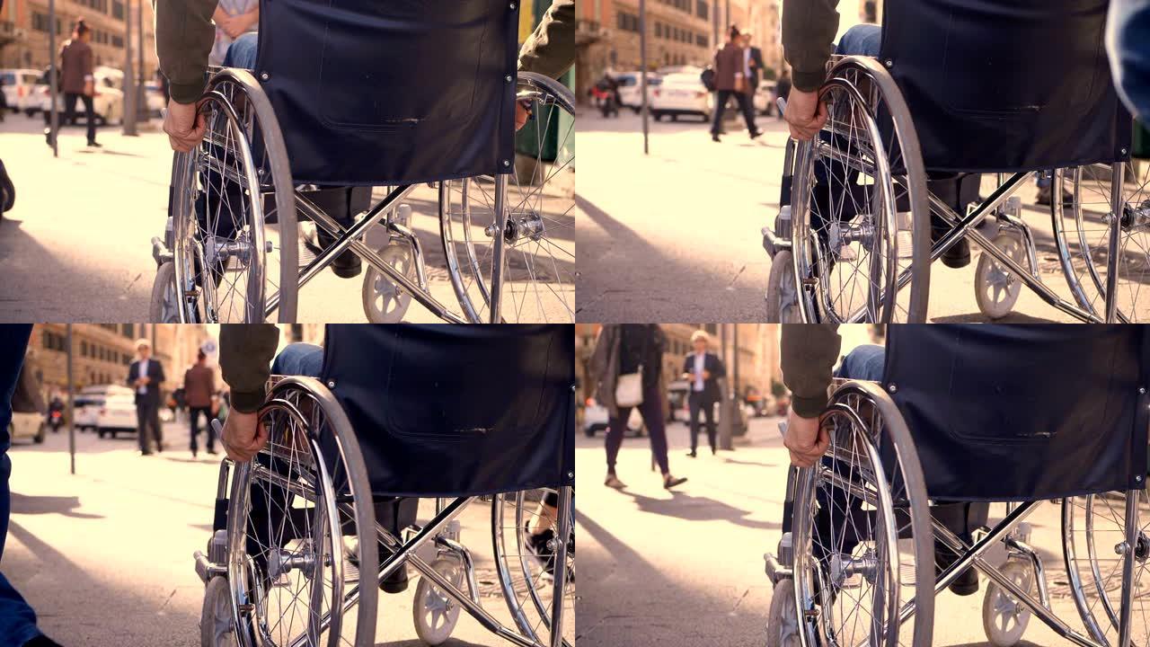 年轻的残疾人在拥挤的人行道上坐轮椅-慢镜头