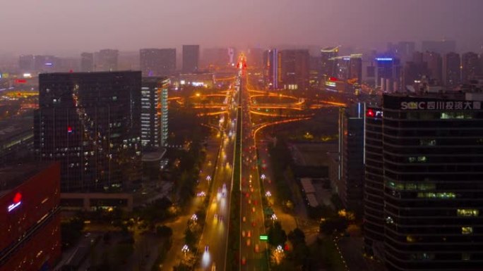 日落时夜照明成都市中心交通街道路空中延时全景4k中国